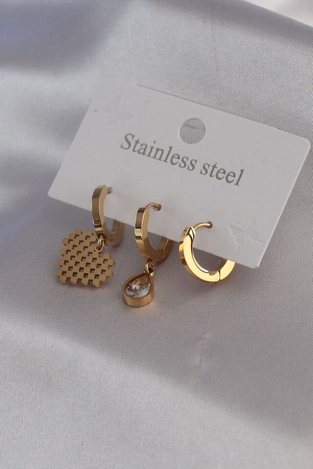 316L Çelik Gold Renk Kalp Model Zirkon Taş Detay Kadın Küpe Kombini