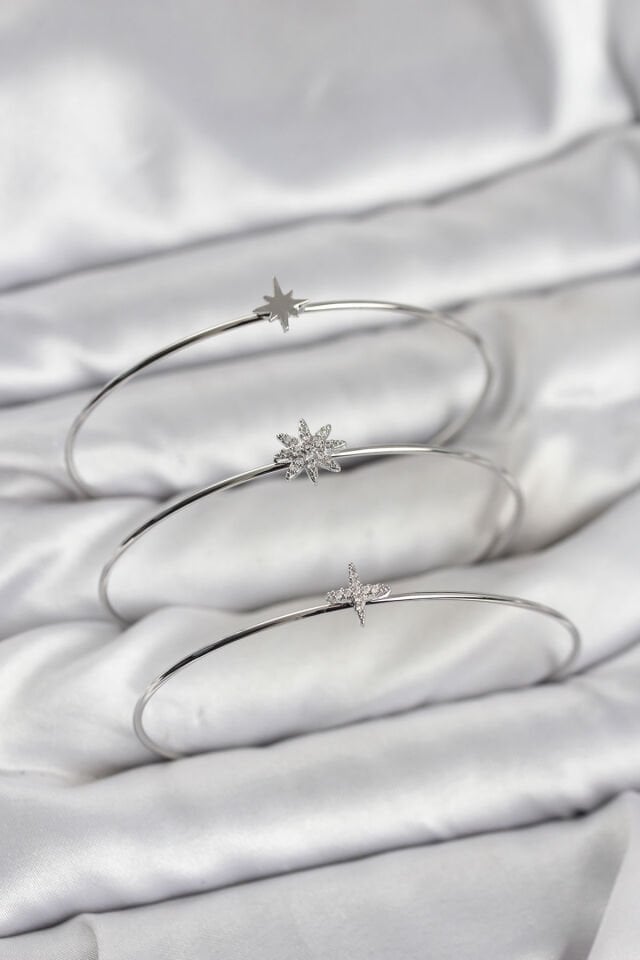 Zirkon Taşlı Kutup Yıldızı Model Gümüş Renk 3'lü Kadın Bileklik Kombini