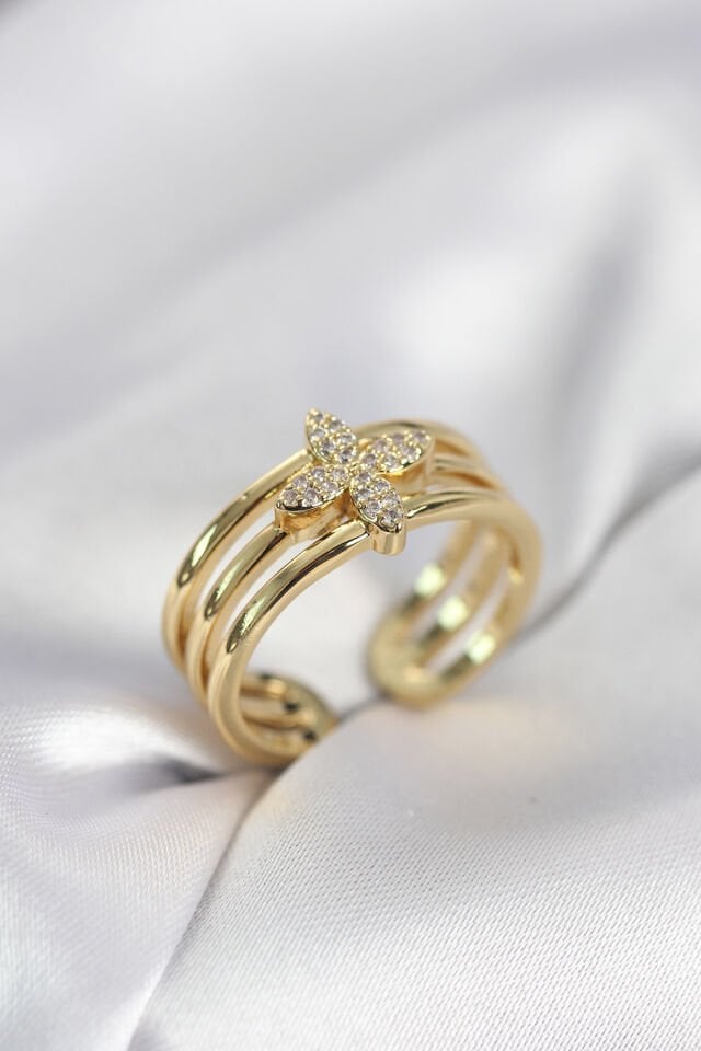 Gold Renk Zirkon Taşlı Yonca Model Kadın Yüzük