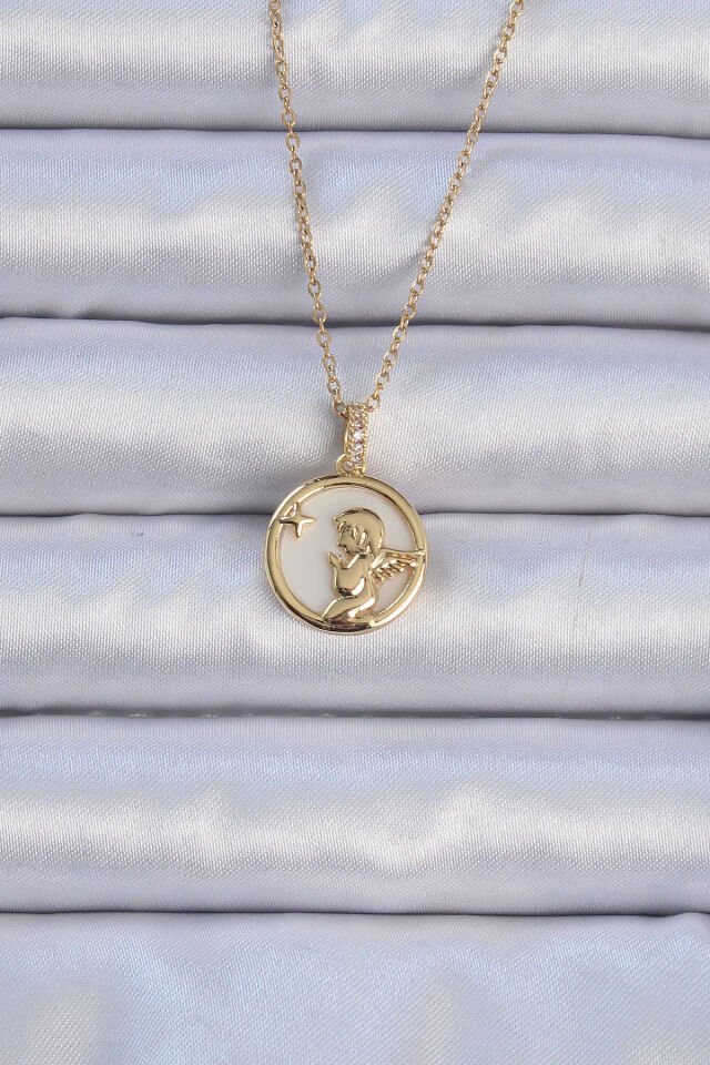 316L Çelik Zincir Altın Renk Zirkon Taşlı Mineli Melek Kolye