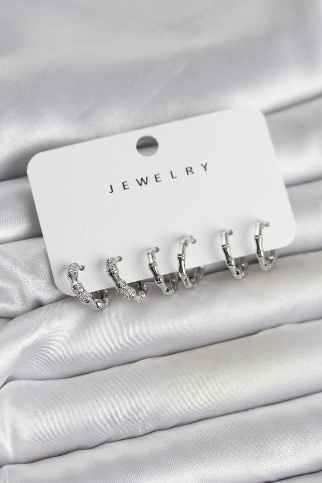 Gümüş Renk Pirinç Kemik Model 3 Çift Kadın Küpe Seti