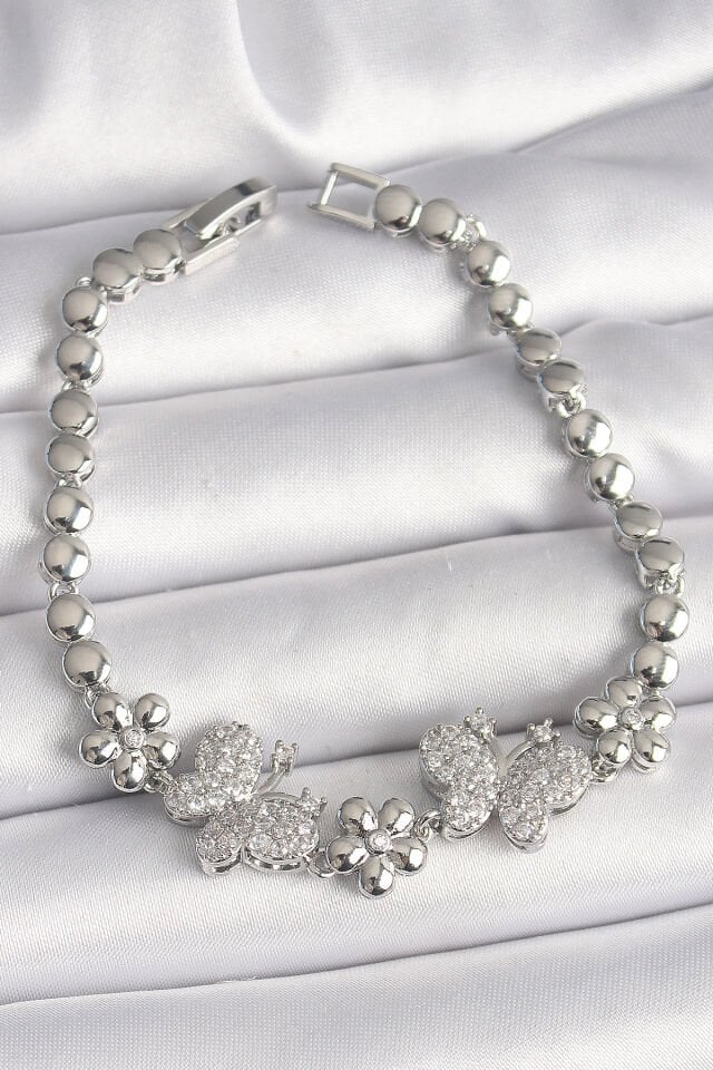 Pirinç Gümüş Renk Zirkon Taşlı Kelebek Figür Çiçek Zincir Model Kadın Bileklik