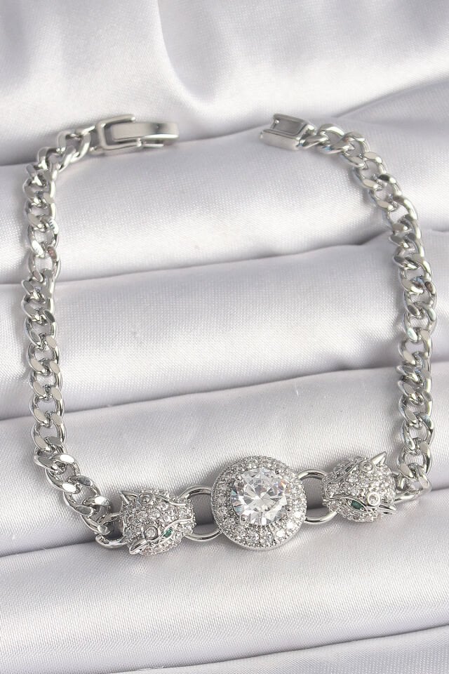 Pirinç Gümüş Renk Zirkon Taşlı Leopar Figür Zincir Model Kadın Bileklik