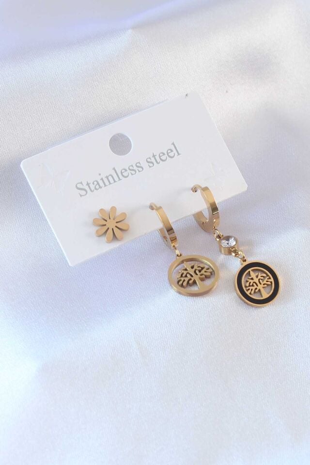 316L Çelik Gold renk Ağaç Model Çiçek Detay Zirkon Taşlı Kadın Küpe