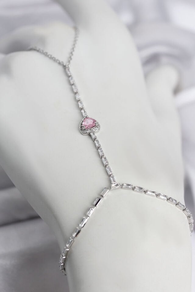 Gümüş Renk Pirinç Zirkon Taşlı Pembe Kalp Model Şahmeran