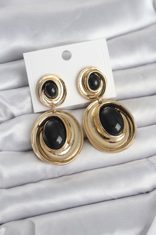Siyah Sallantılı Damla Model Gold Renk Vintage Kadın Küpe