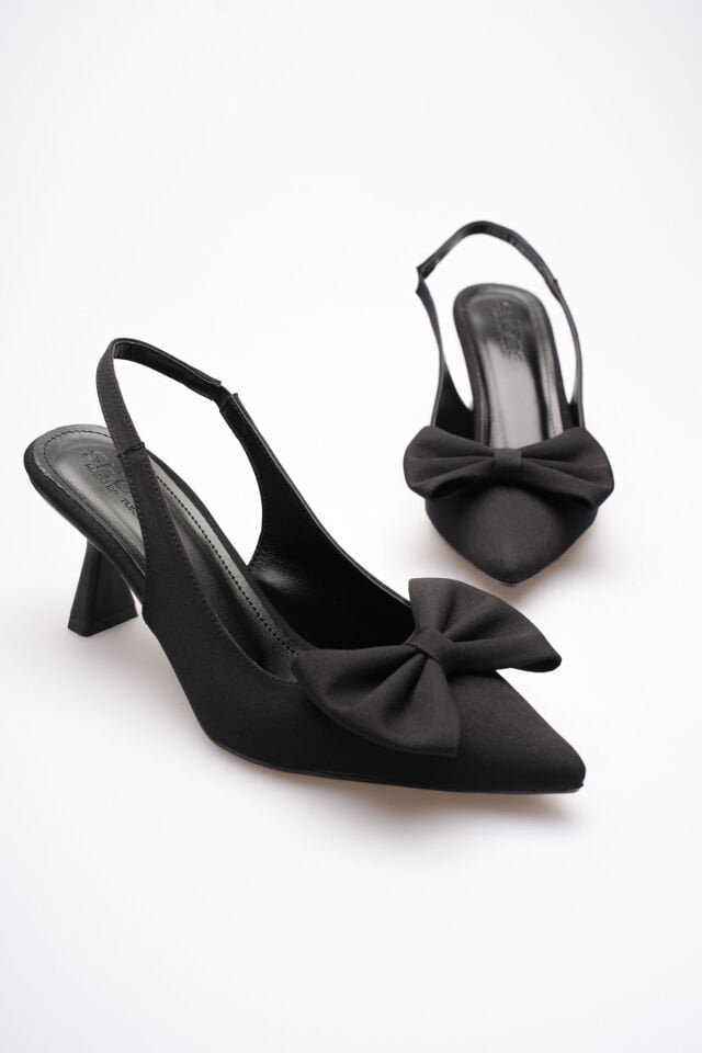 Siyah Fiyonklu Kitten Topuklu Slingback Kadın Ayakkabı TR08MS24A