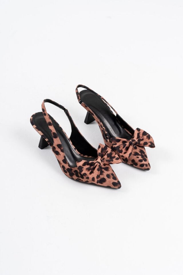 Leopar Fiyonklu Kitten Topuklu Slingback Kadın Ayakkabı TR08MS24D
