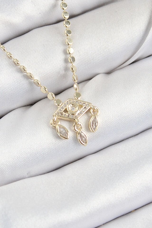 Pirinç Zirkon Taşlı Sallantılı Göz Model Ezme Zincir Gold Renk Kadın Kolye