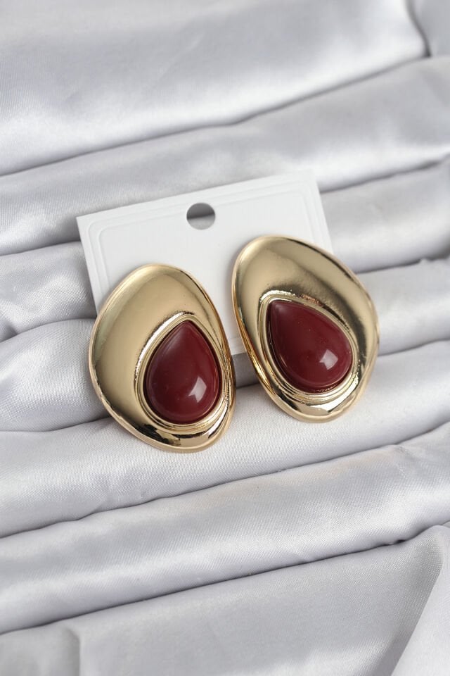 Pirinç Gold Renk Bordo Taşlı Damla Model Vintage Kadın Küpe