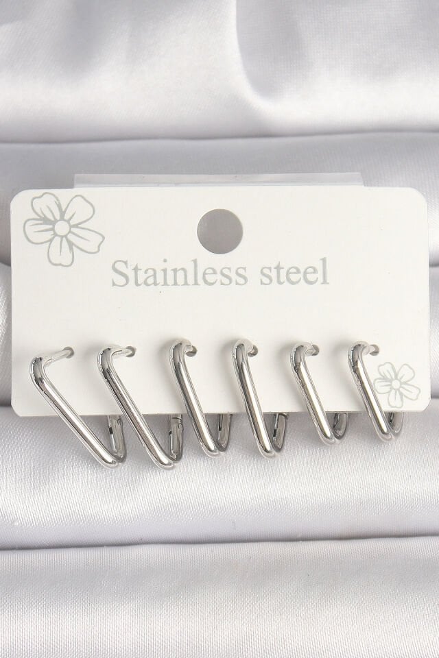 316L Çelik Gümüş Renk Üçgen Model Kadın Küpe Seti