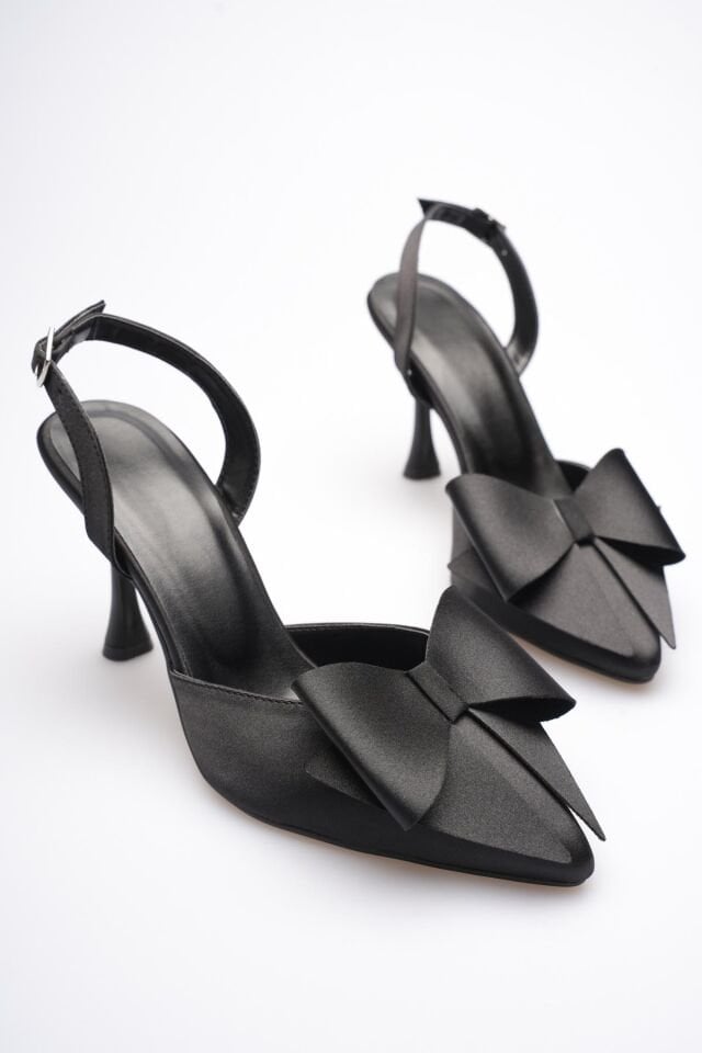 Kadın Siyah Fiyonklu Saten Slingback Topuklu Ayakkabı TR40MS01A