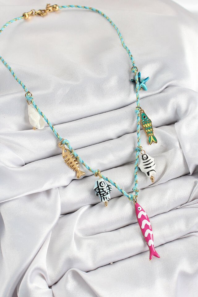 Seramik Motifli Pembe Balık Figürlü Model Mavi İp Kadın Kolye