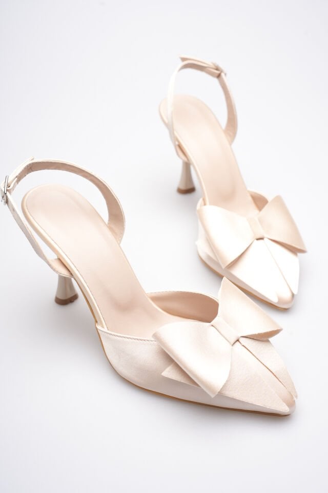 Kadın Bej Fiyonklu Saten Slingback Topuklu Ayakkabı TR40MS01B