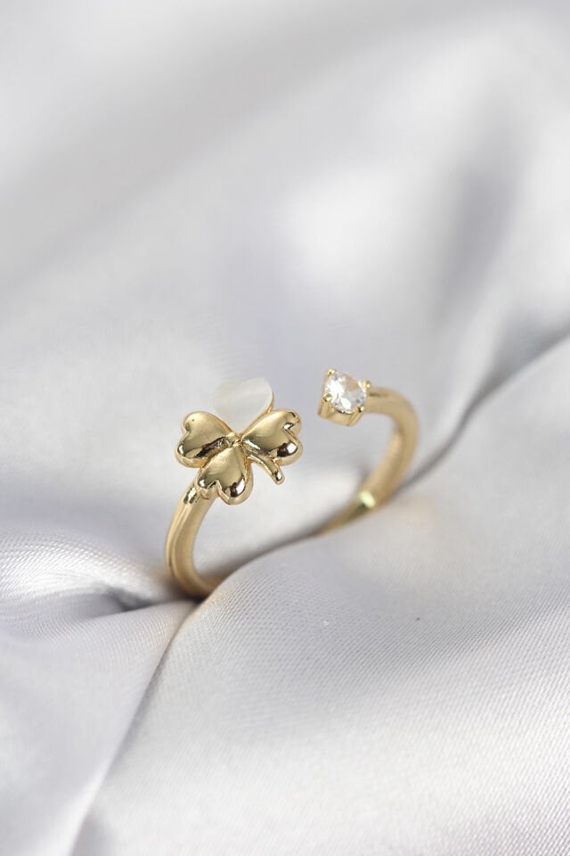 Gold Renk Yonca Model Sedefli Kadın Yüzük