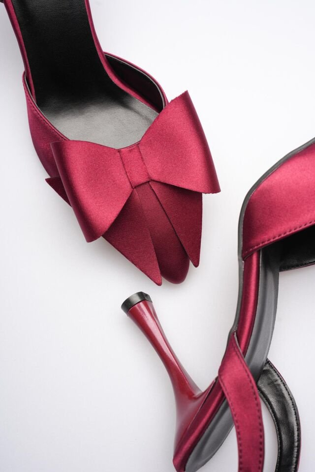 Kadın Bordo Fiyonklu Saten Slingback Topuklu Ayakkabı TR40MS01D