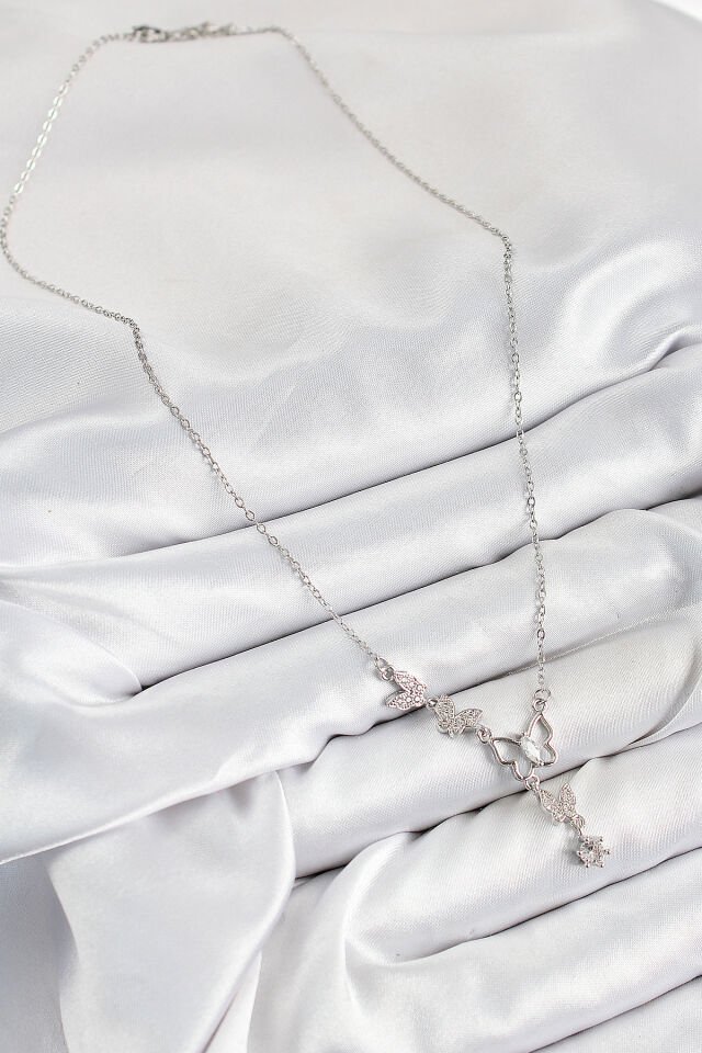 316L Çelik Zirkon Taşlı Kelebek Model Gümüş Renk Kadın Kolye