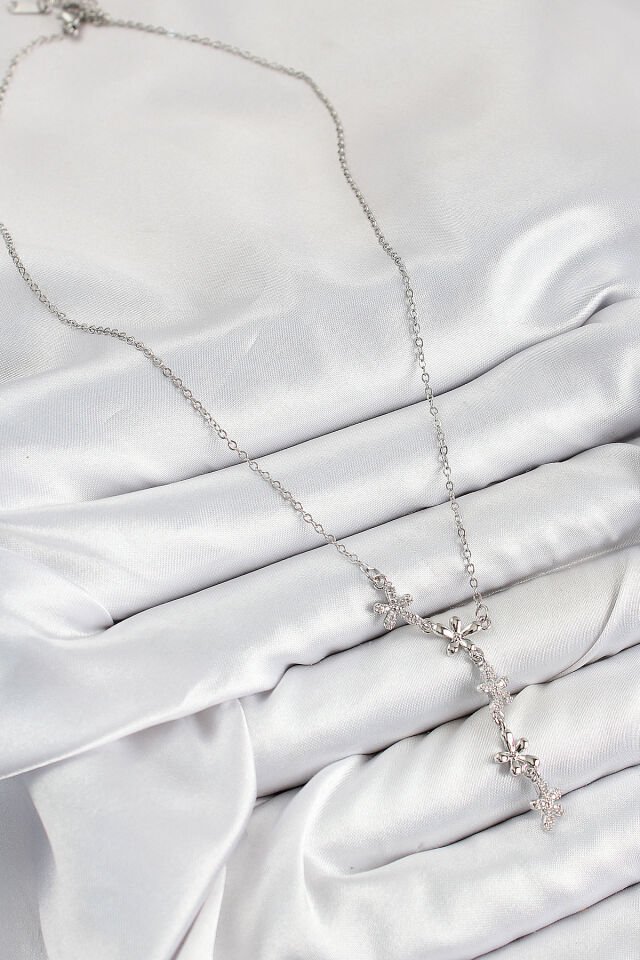 316L Çelik Zirkon Taşlı Çiçek Model Gümüş Renk Kadın Kolye