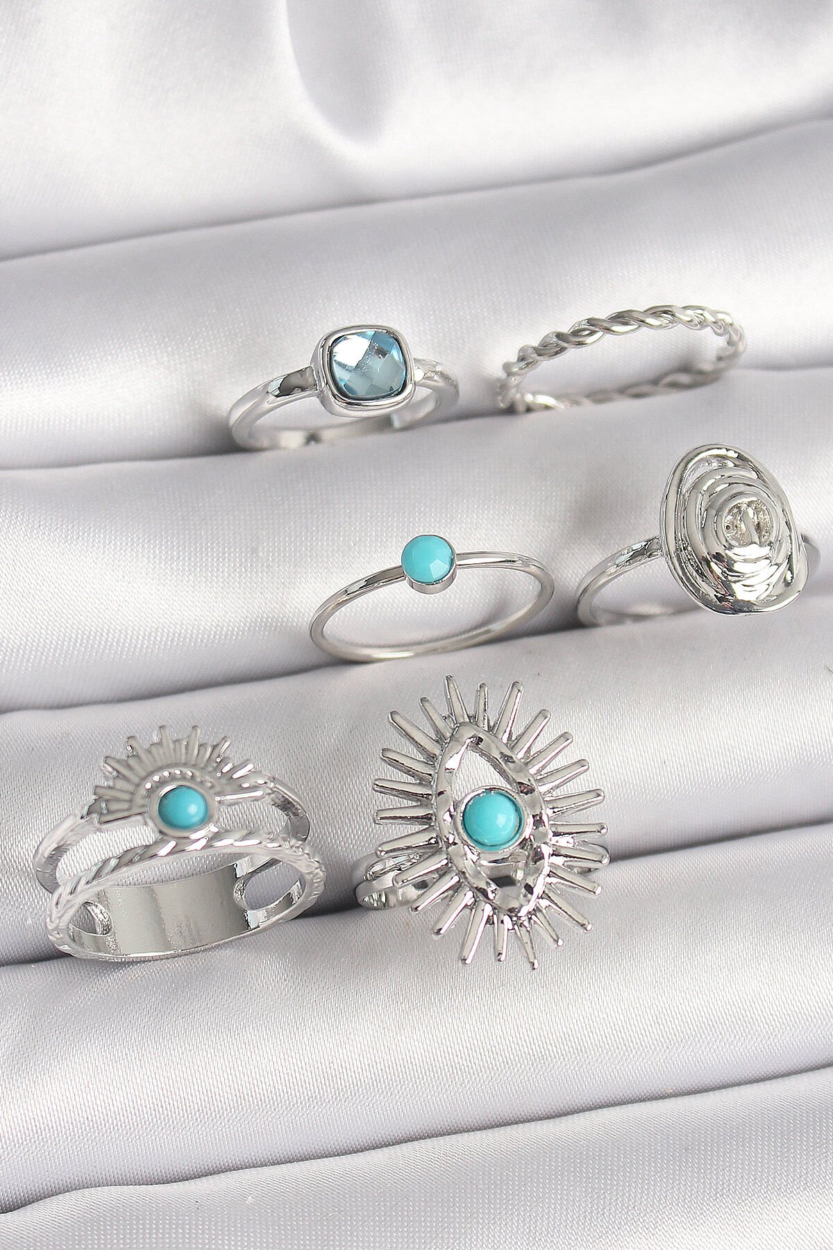 Pirinç Gümüş Renk Mavi Taşlı Kare Zirkon Taş Detaylı Kadın Yüzük Kombini