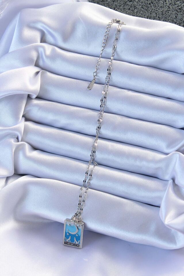 316L Çelik Zincir Gümüş Renk Mavi Mineli Ay Figür Tarot Kolye