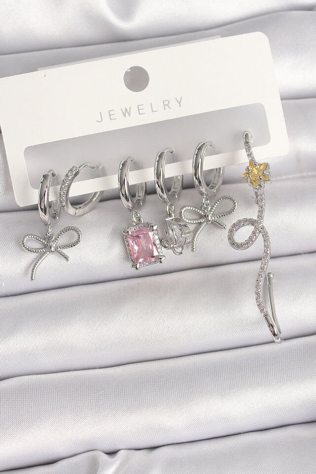Pirinç Gümüş Renk Sallantı Kurdele Kuyruklu Yıldız Figür Pembe Kare Zirkon Taş Detay Kadın Küpe Seti