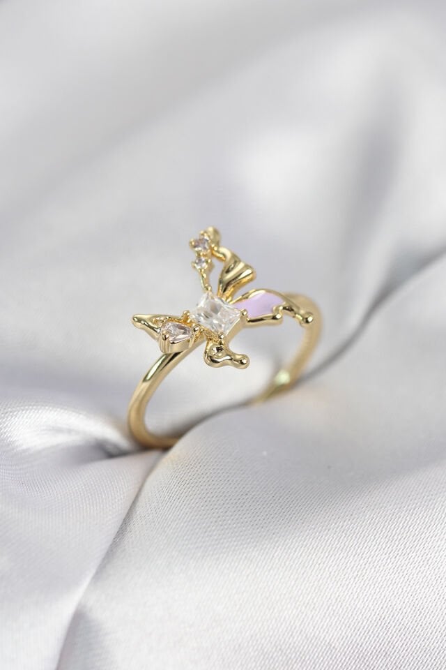 Gold Renk Kelebek Model Zirkon Taşlı Kadın Yüzük