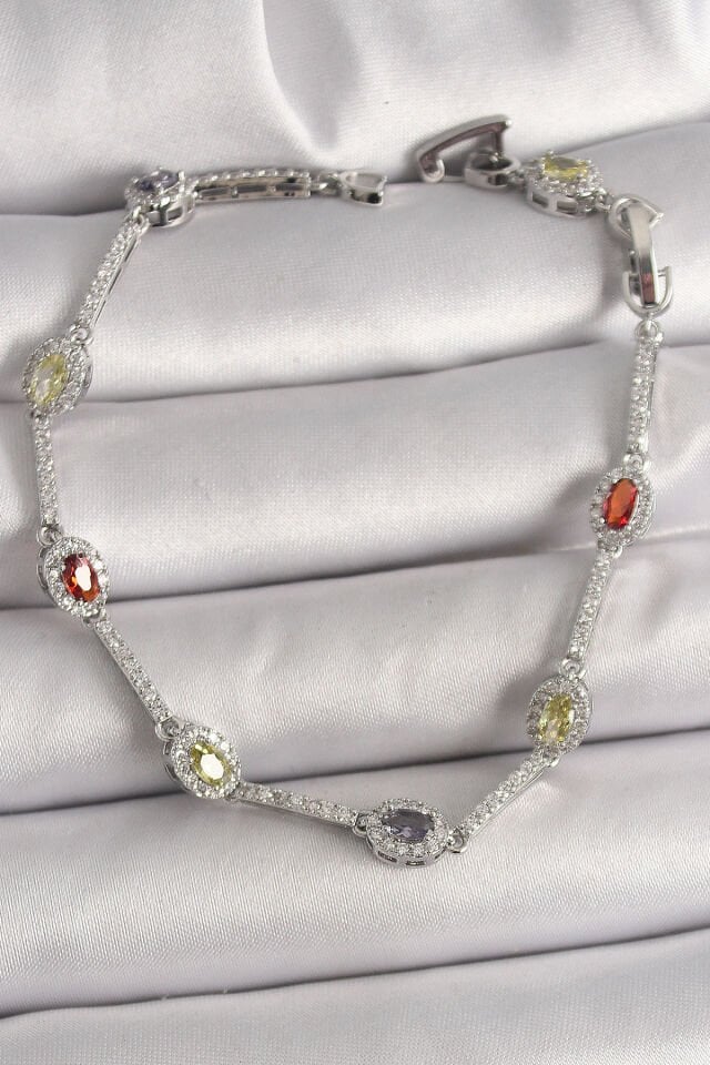 Pirinç Gümüş Renk Renkli Zirkon Taşlı Damla Taş Model Kadın Bileklik