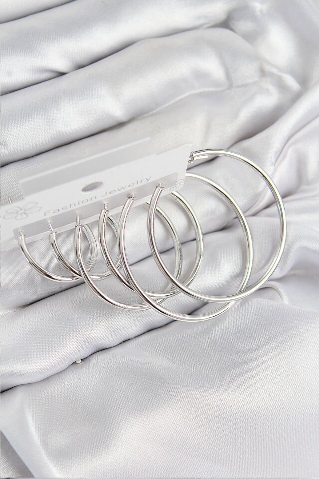 Pirinç Halka Model Gümüş Renk Kadın Set Küpe