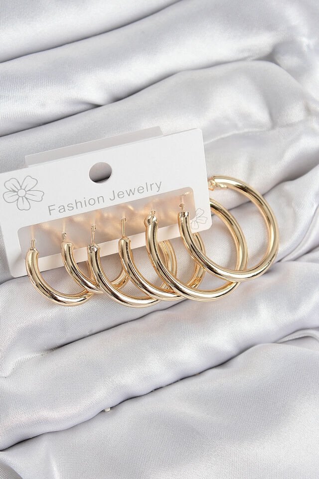 Pirinç Halka Model Gold Renk Kadın Set Küpe