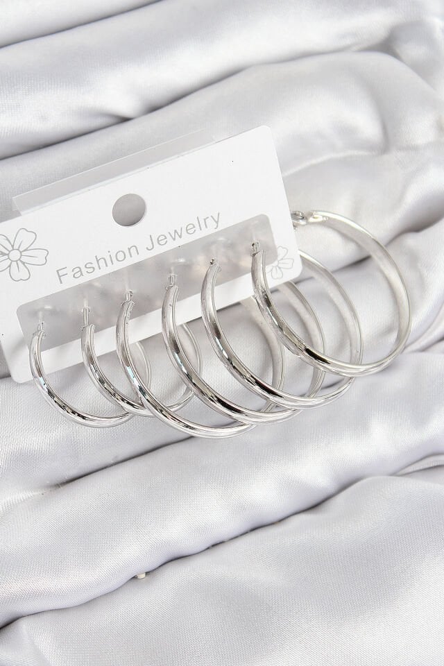 Pirinç Halka Model Gümüş Renk Kadın Set Küpe