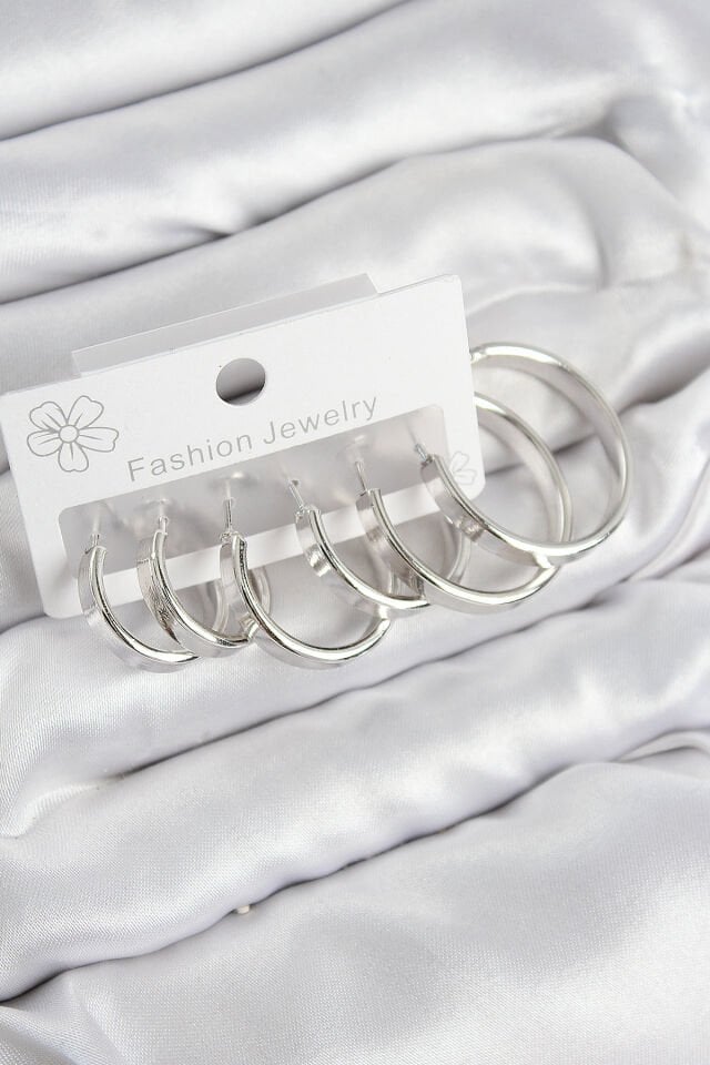 Pirinç Halka Model Gümüş Renk Kadın Set Küpe