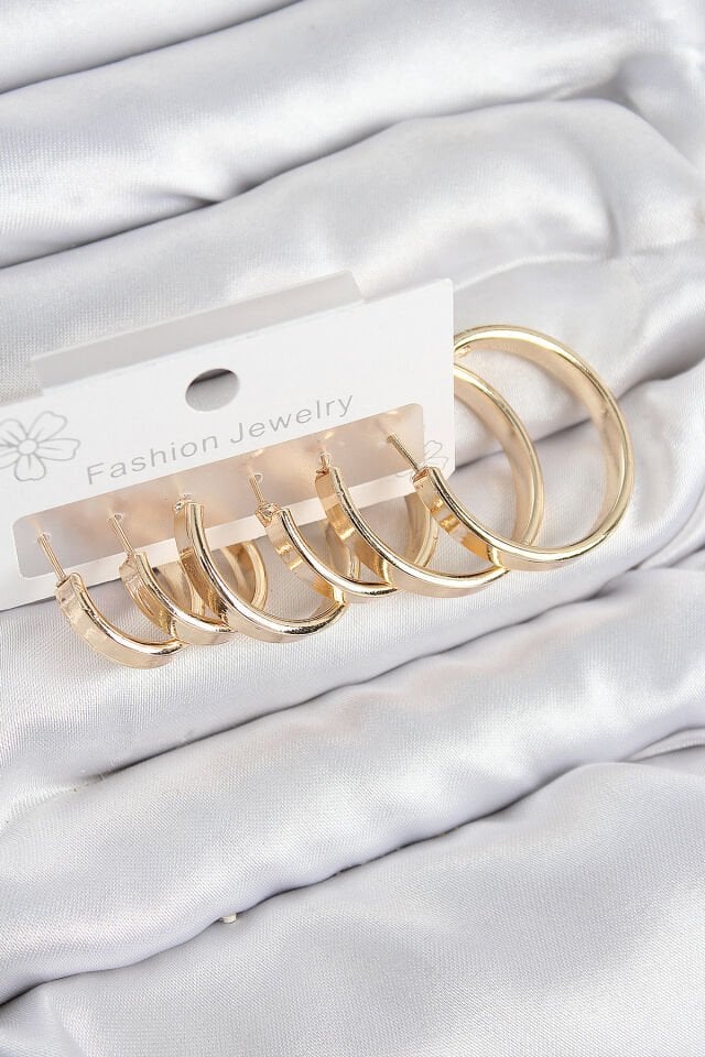 Pirinç Halka Model Gold Renk Kadın Set Küpe
