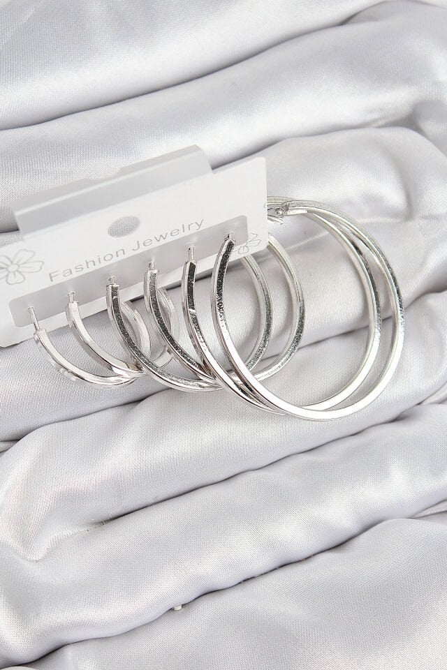 Pirinç Halka Model Gümüş Renk Kadın Set Küpe