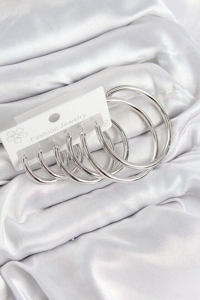 Pirinç Halka Model Gümüş Renk Kadın Set Küpe