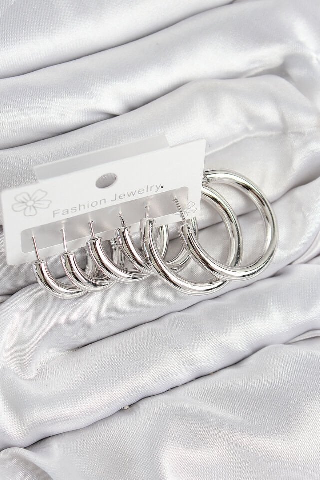 Pirinç Halka Model Gümüş Renk Kadın Set Küpe