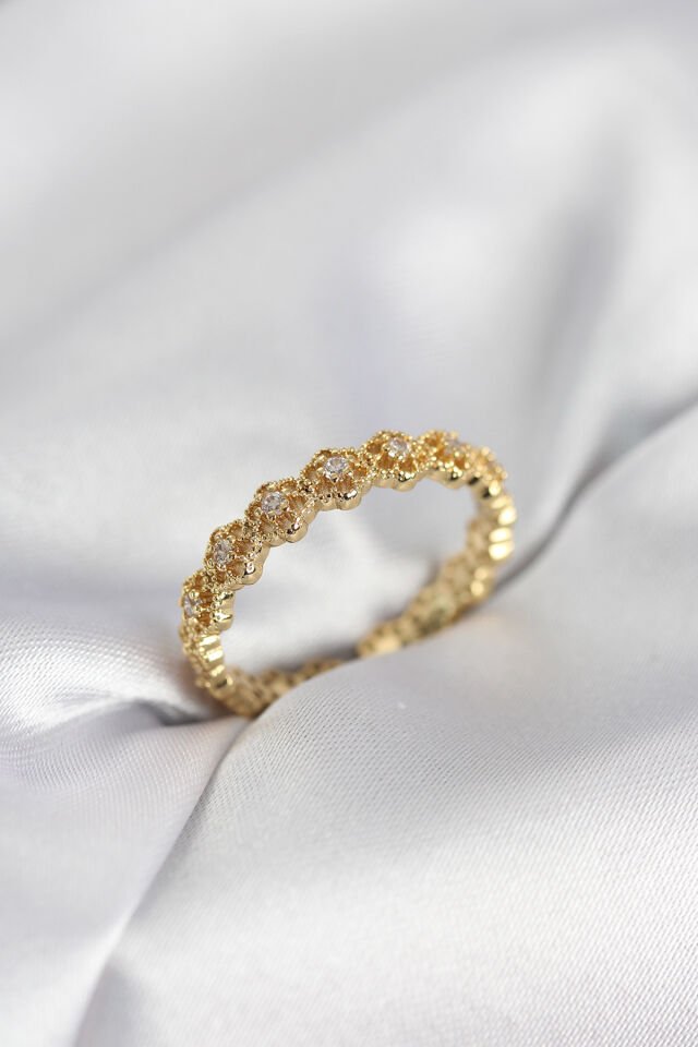 Sıralı Çiçek Model Gold Renk Zirkon Taşlı Kadın Yüzük