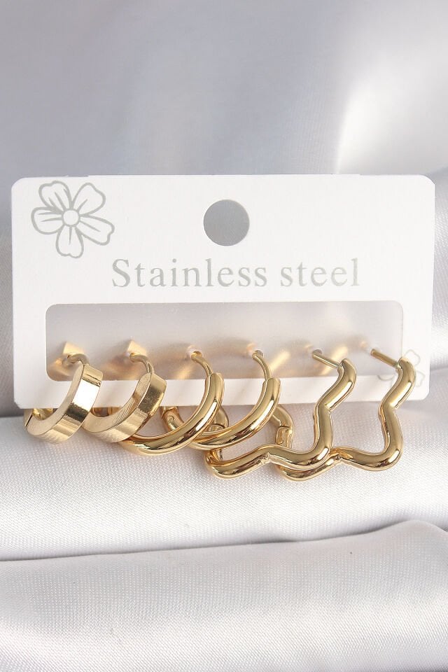 316L Çelik Gold Renk Yıldız Halka Model Kadın Küpe Seti