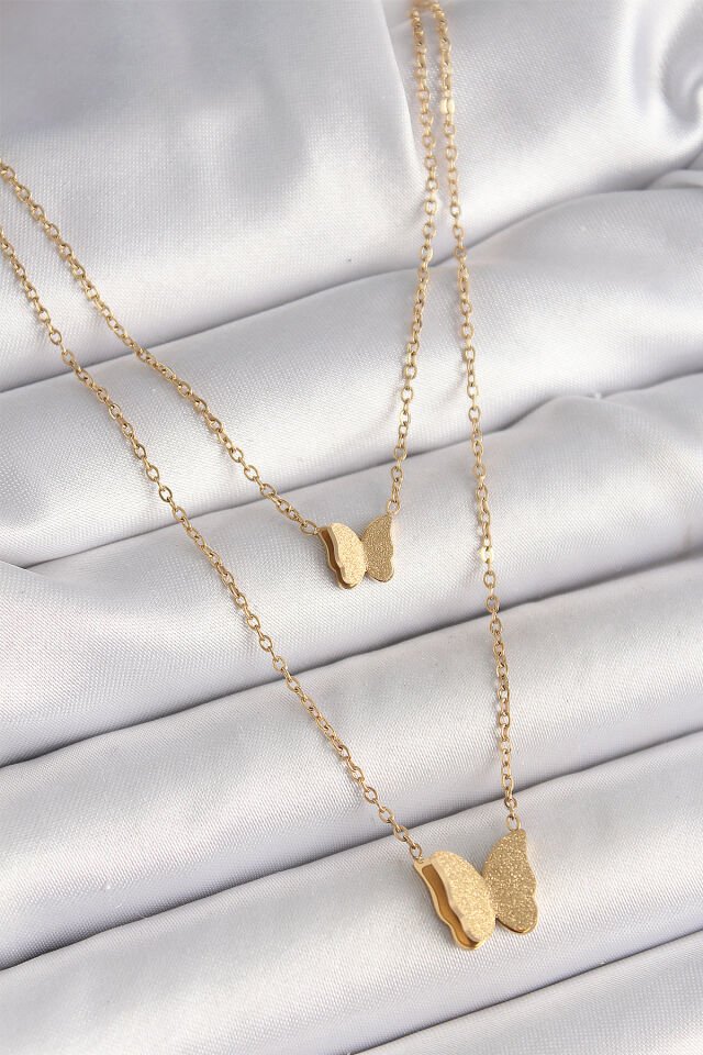 316L Çelik Gold Renk 2'Li Simli Kelebek Model Kadın Kolye