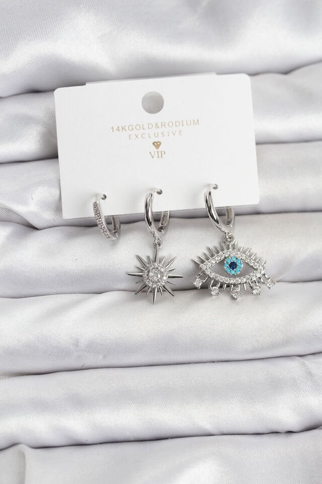 Göz Model Gümüş Renk Pirinç 3'lü Kadın Küpe Seti