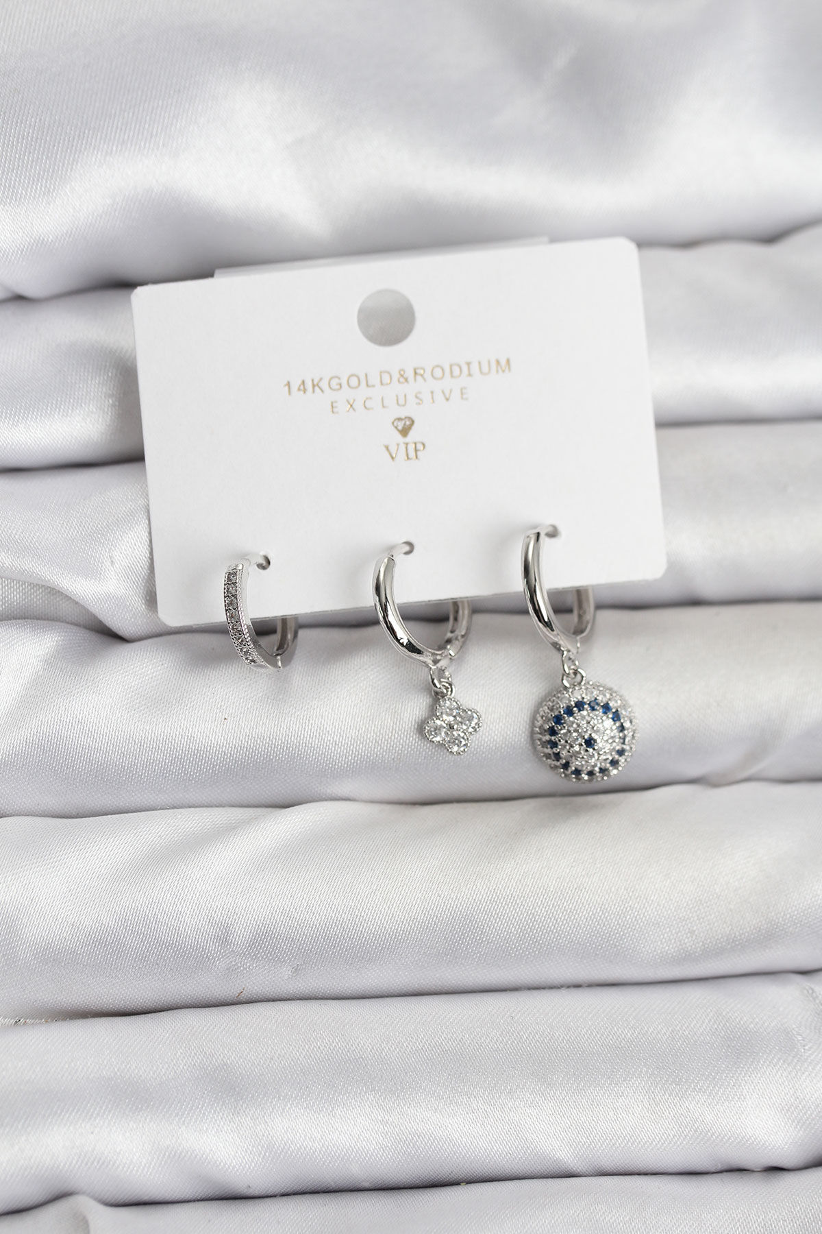 Nazar Model Gümüş Renk Pirinç 3'lü Kadın Küpe Seti