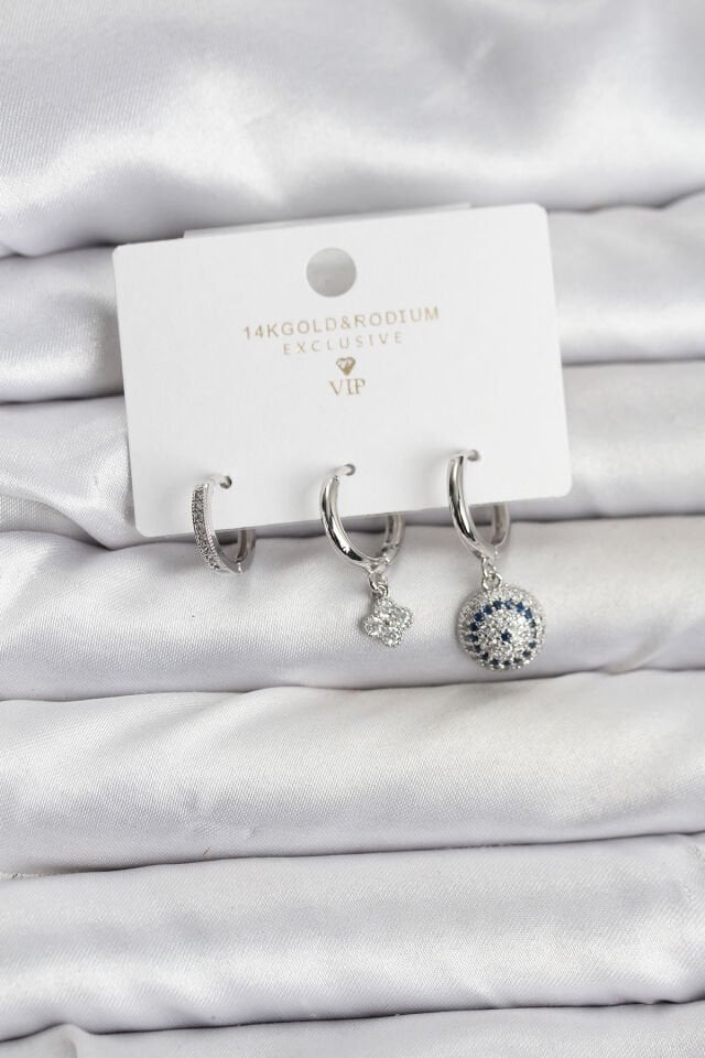 Nazar Model Gümüş Renk Pirinç 3'lü Kadın Küpe Seti