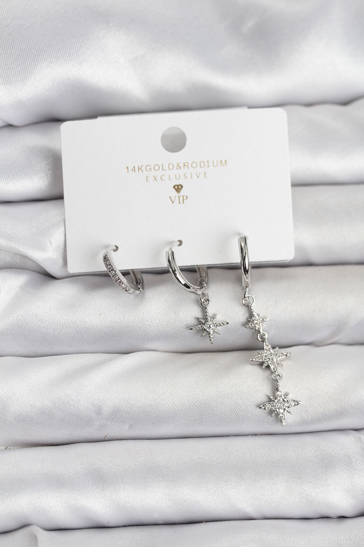 Kutup Yıldızı Model Gümüş Renk Pirinç 3'lü Kadın Küpe Seti