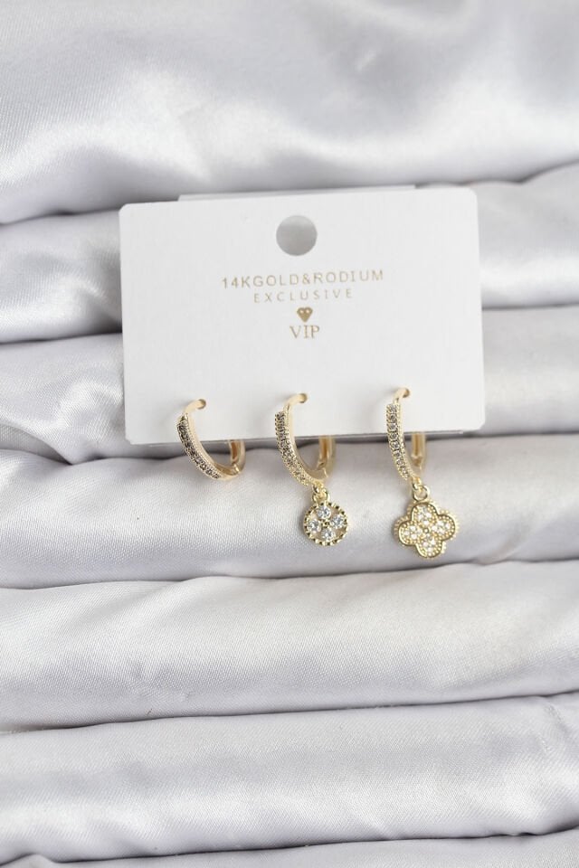 Pirinç Gold Renk Yonca Model 3'lü Kadın Küpe Seti