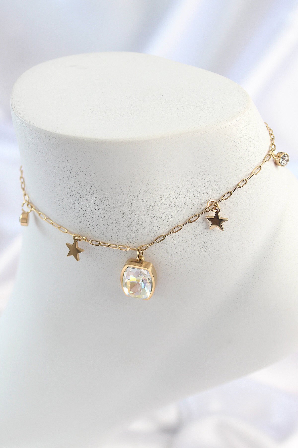 316L Çelik Gold Renk Sallantı Kare Zirkon Taş Figür Yıldız Detay Kadın Halhal