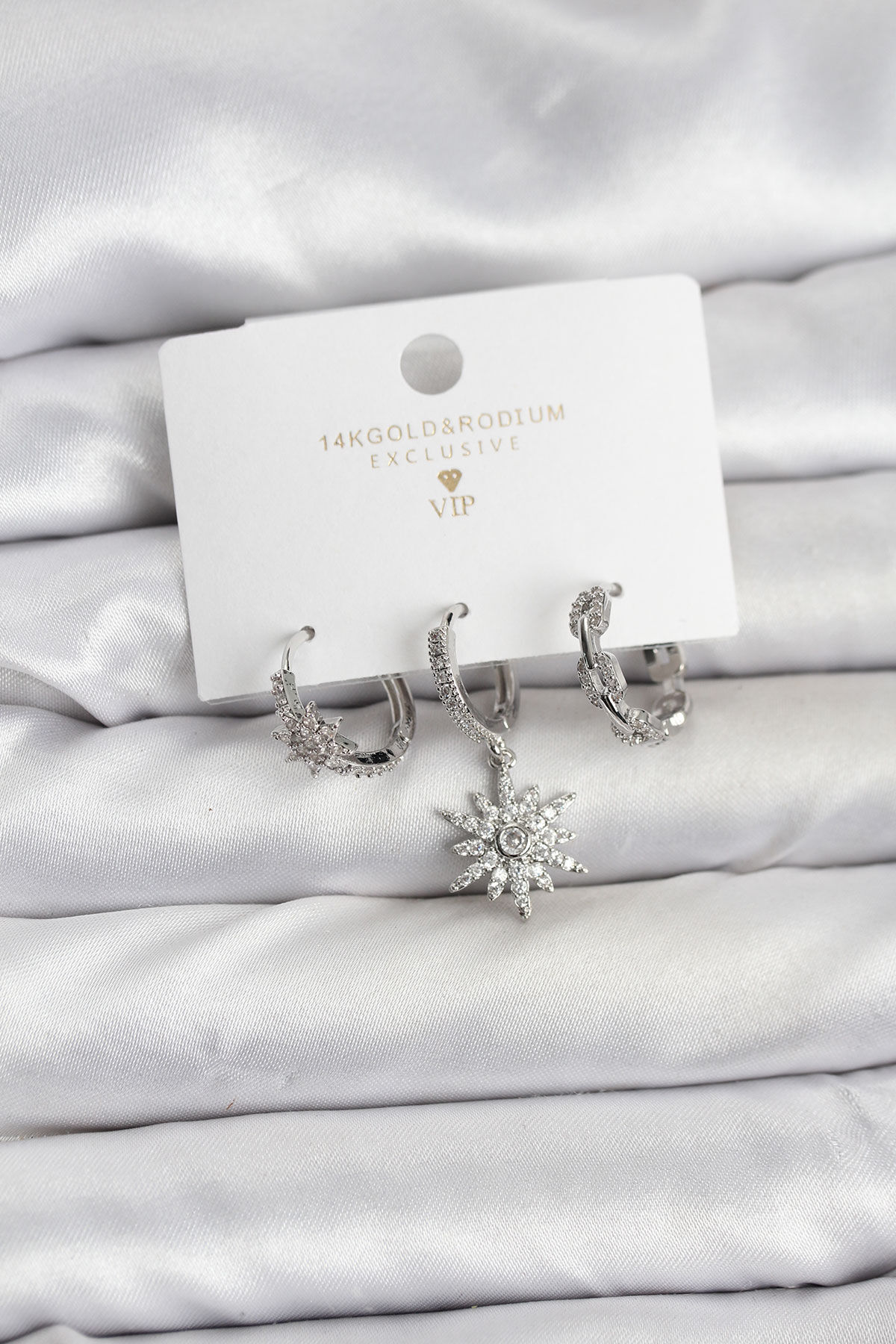 Pirinç Gümüş Renk Kutup Yıldızı Model 3'lü Kadın Küpe Seti