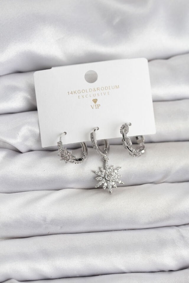 Pirinç Gümüş Renk Kutup Yıldızı Model 3'lü Kadın Küpe Seti