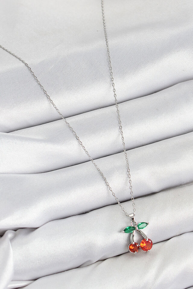 Pirinç Zirkon Taşlı Kiraz Model Gümüş Renk Kadın Kolye