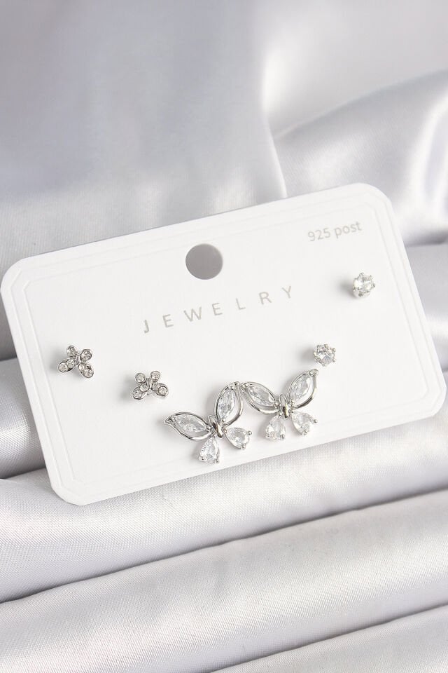 925 Ayar Gümüş Çivi Pirinç Gümüş Renk Zirkon Taşlı Kelebek Model Kadın Küpe Seti