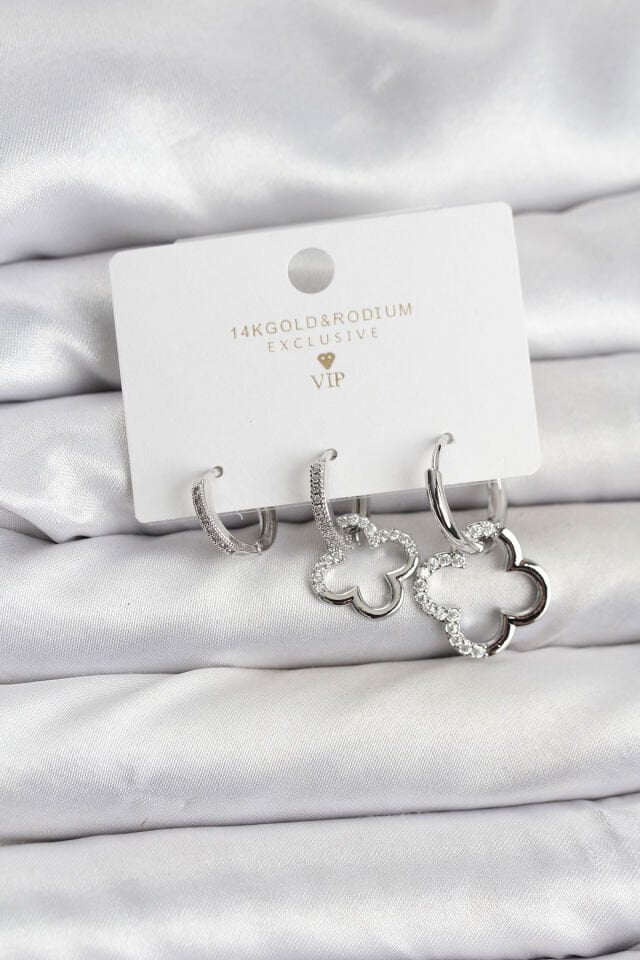 Yonca Model Gümüş Renk Pirinç 3'lü Kadın Küpe Seti