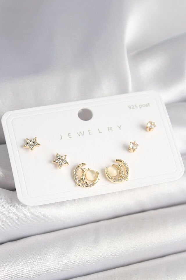 925 Ayar Gümüş Çivi Zirkon Taşlı Hilal Yıldız Model Kadın Küpe Seti